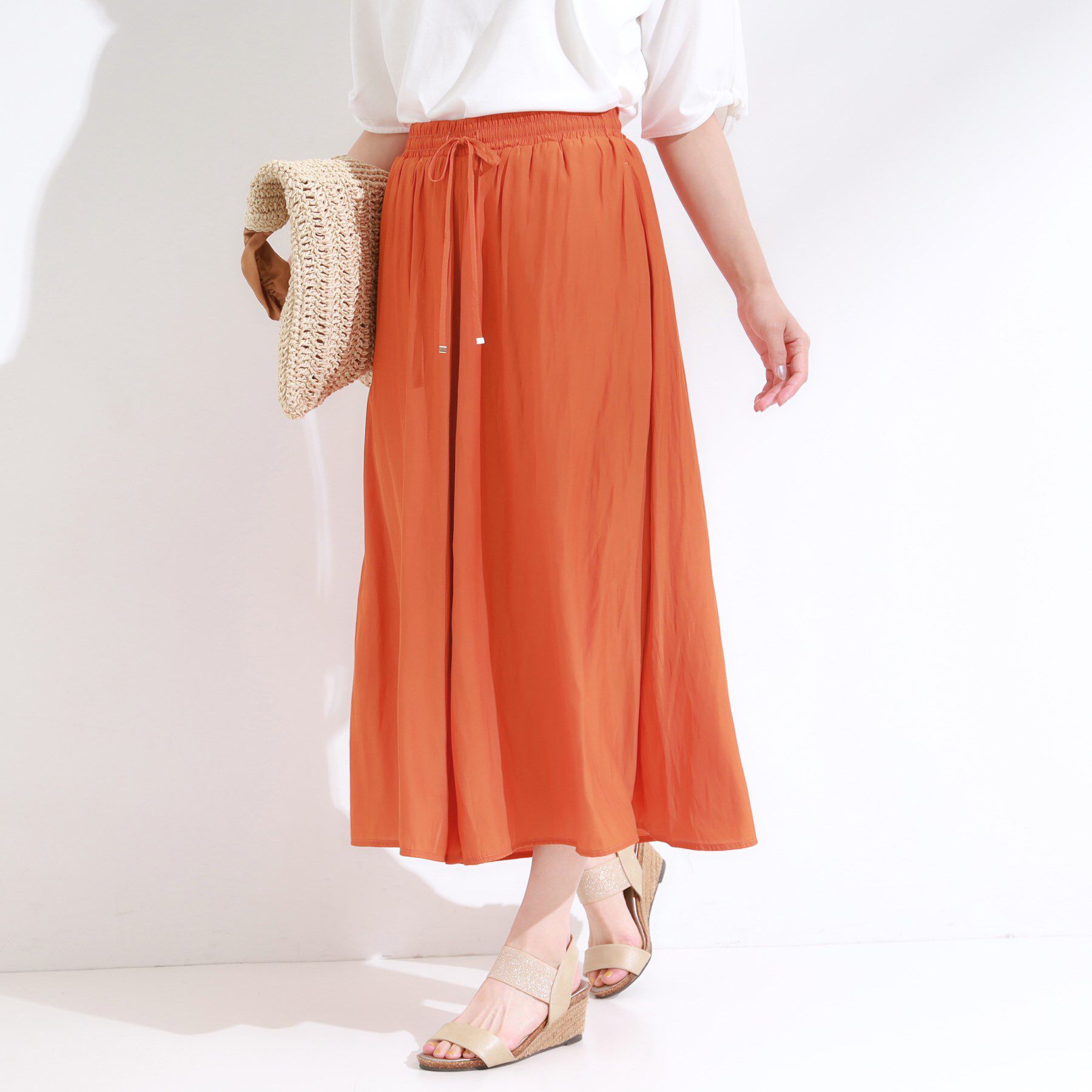 SHOO･LA･RUE「【S-LL/裏地ひんやり】スカート見えで上品に マットサテンスカーチョ」|その他|オレンジ(067)