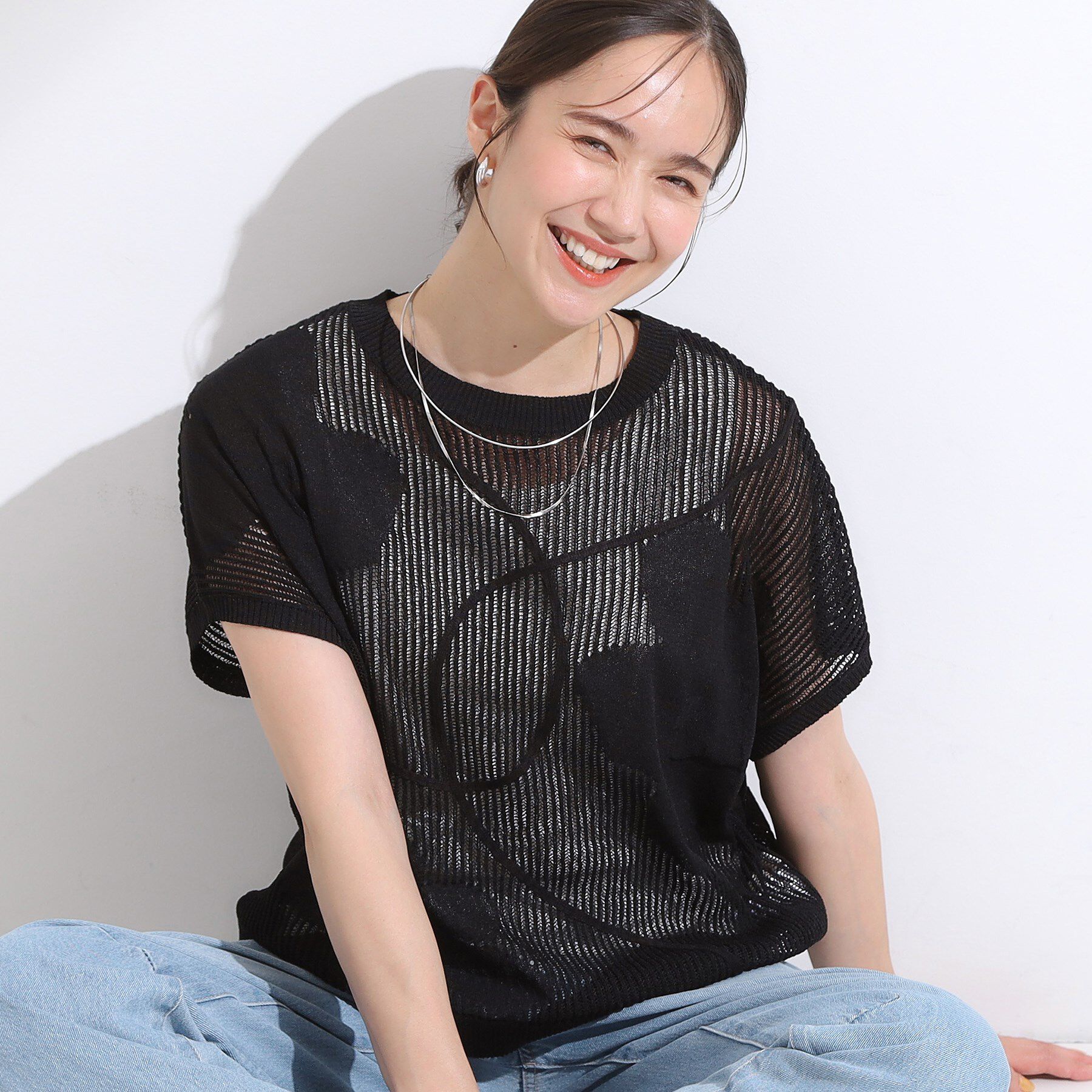 SHOO･LA･RUE「【S-LL】にょろにょろ刺繍 透かし編みニット」|ニット・セーター|ブラック(019)