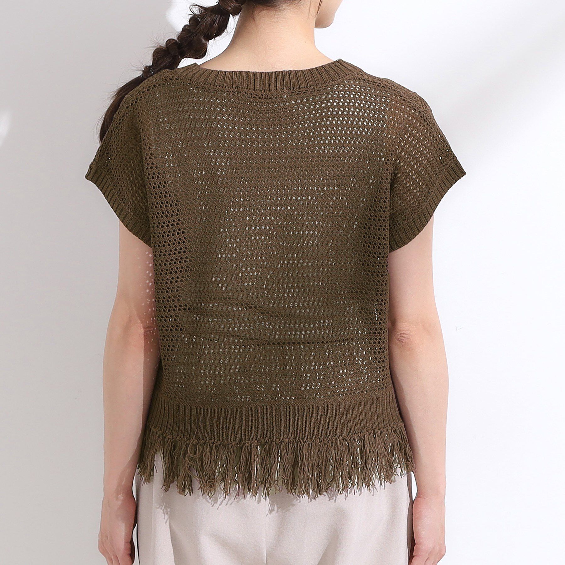 SHOO･LA･RUE「【S-LL】裾フリンジマクラメVネックニット」|ニット・セーター|