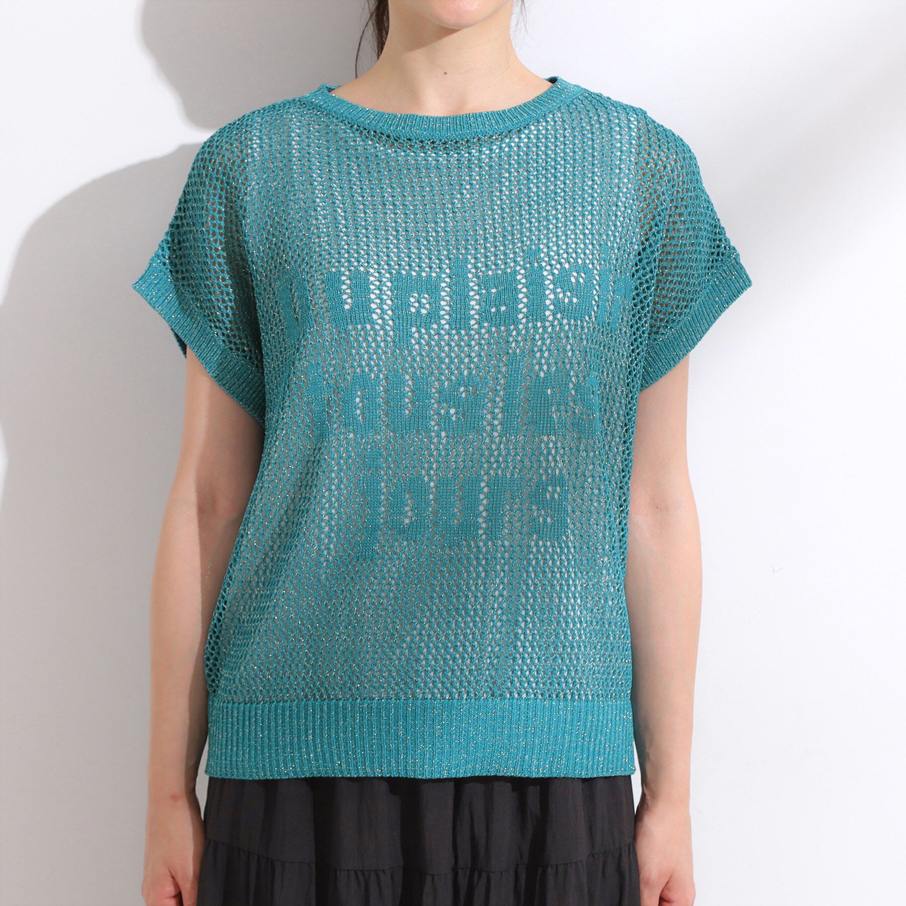 SHOO･LA･RUE「【2点セット/S-LL】キラリと光るラメがポイント メッシュロゴニット+タンクトップ」|その他|