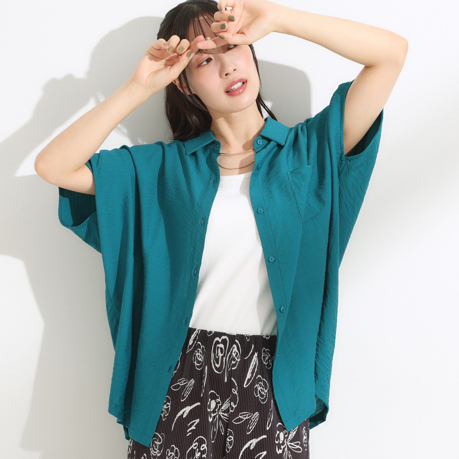 SHOO･LA･RUE「【洗える/S-LL/5分袖】1枚でも羽織としても。さらさらドレープシャツ」|シャツ・ブラウス|グリーン(023)