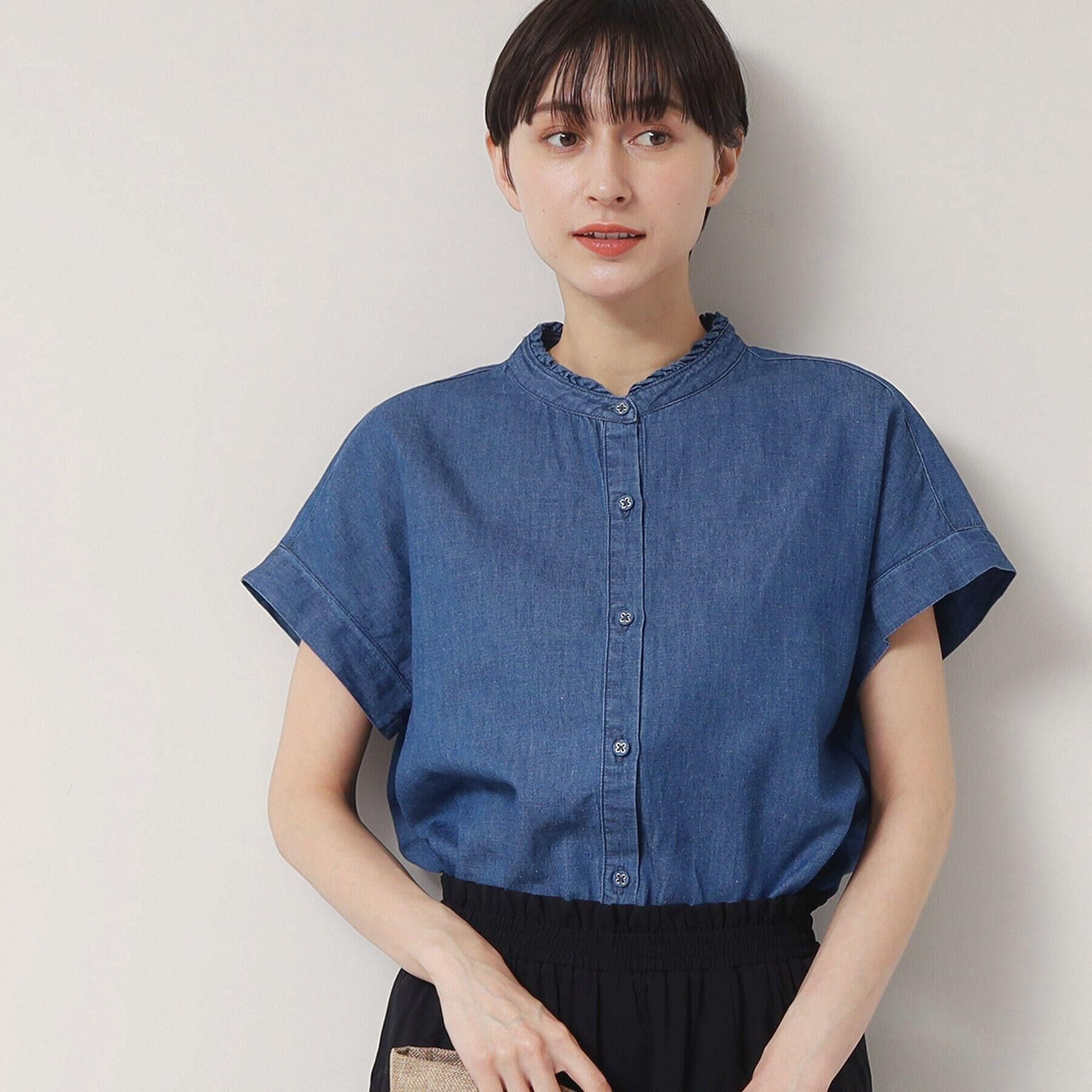 Dessin「【洗える】リネンブレンドデニムフリルシャツ」|シャツ・ブラウス|ブルー(092)