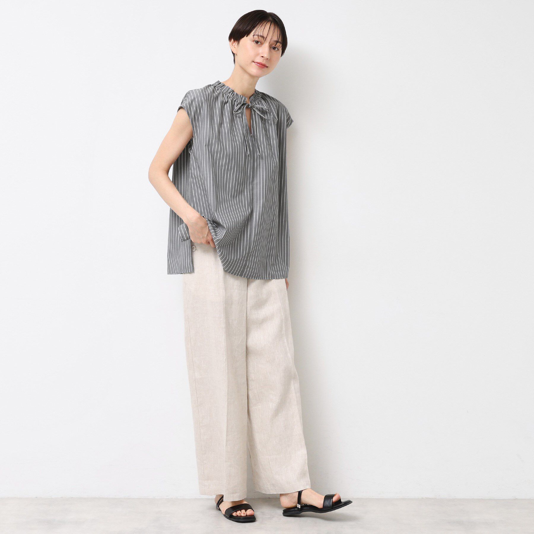 Dessin「【洗える】ストライプ柄フレンチスリーブスキッパ―ブラウス」|シャツ・ブラウス|