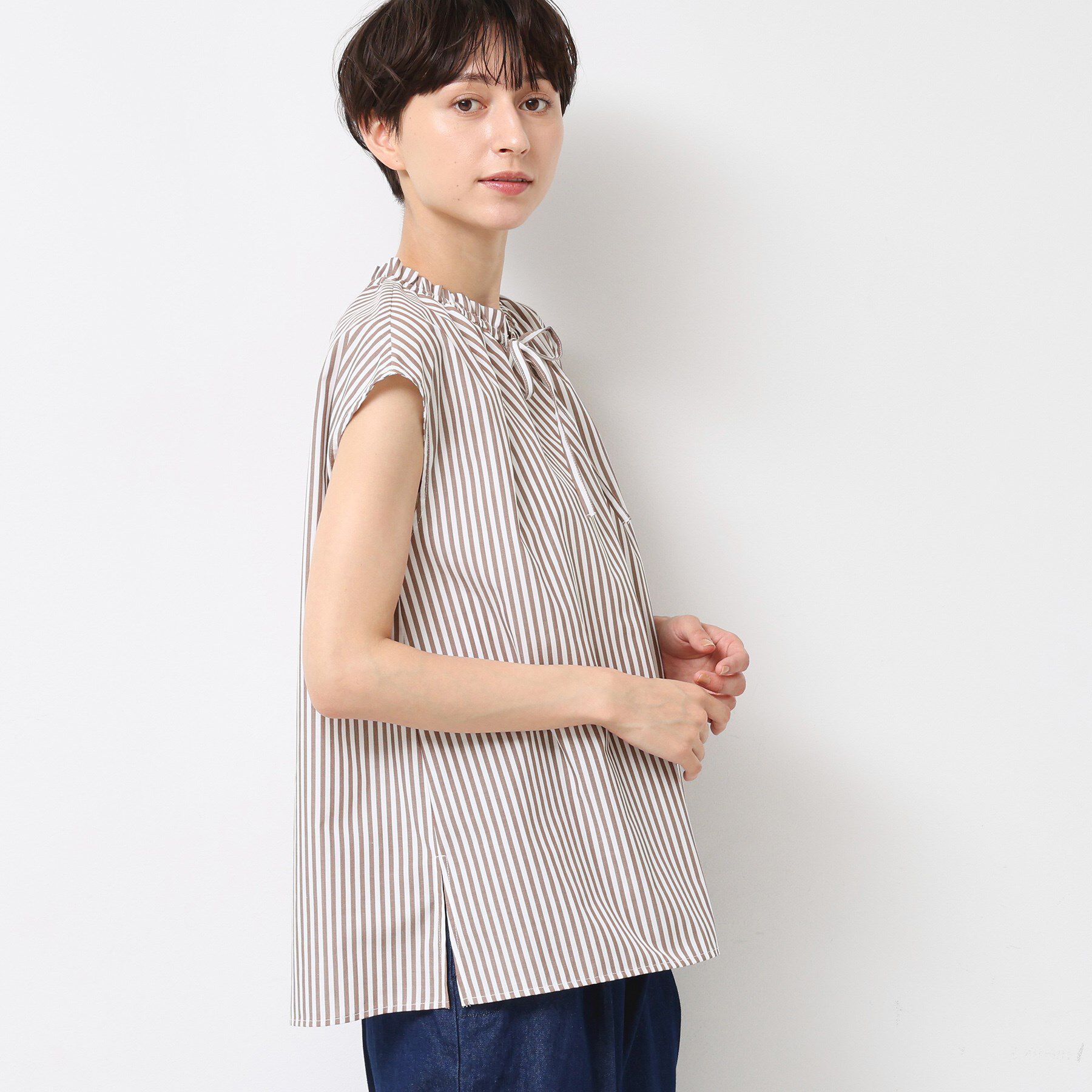 Dessin「【洗える】ストライプ柄フレンチスリーブスキッパ―ブラウス」|シャツ・ブラウス|