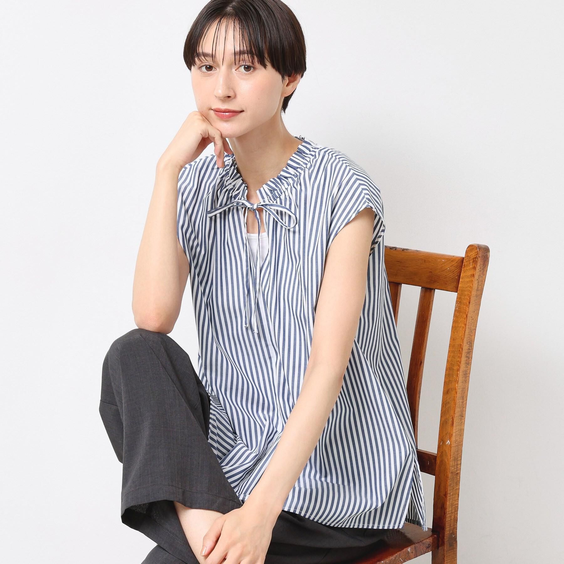 Dessin「【洗える】ストライプ柄フレンチスリーブスキッパ―ブラウス」|シャツ・ブラウス|