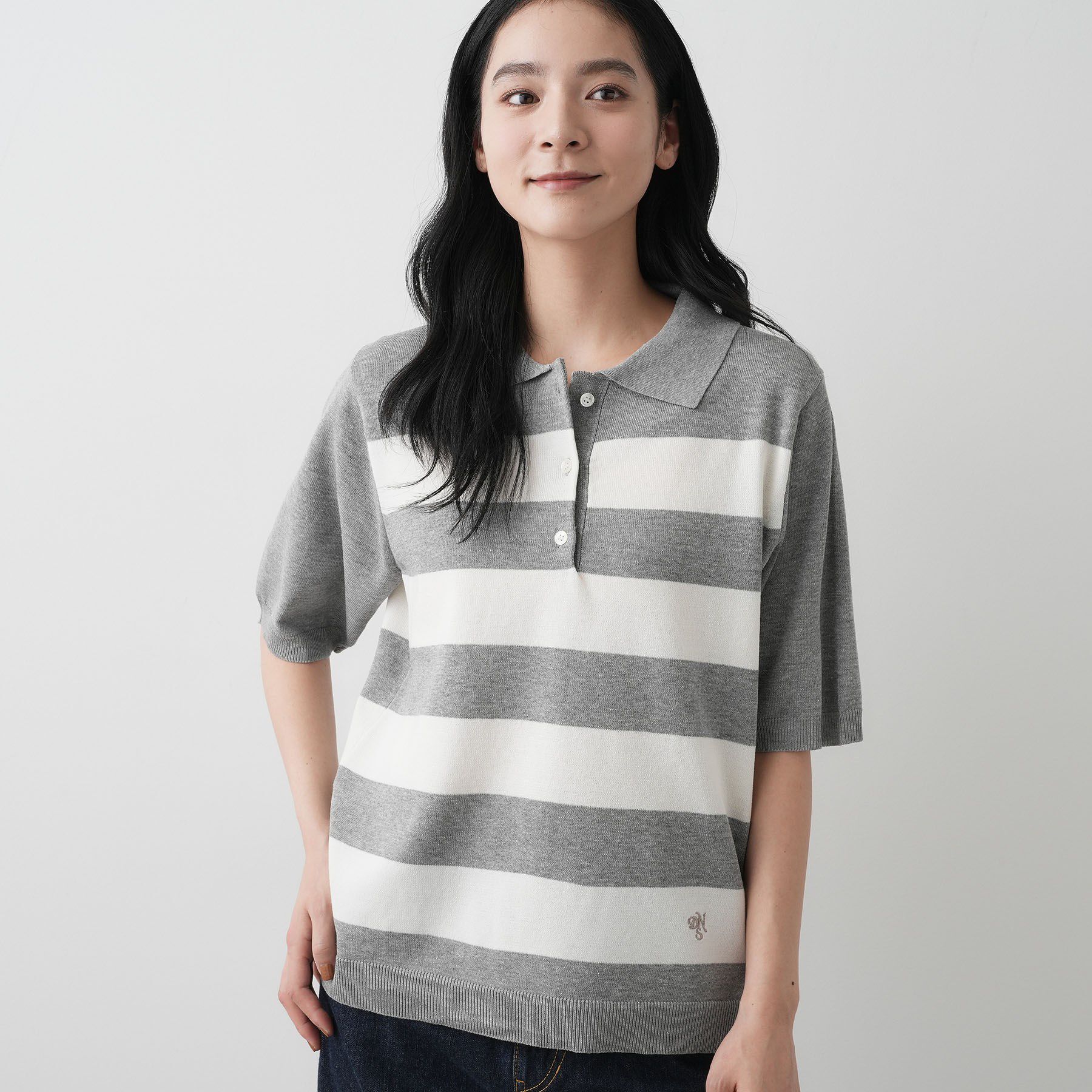 Dessin「【ユニセックス/洗える】ボーダーニットポロシャツ」|ニット・セーター|グレー(012)