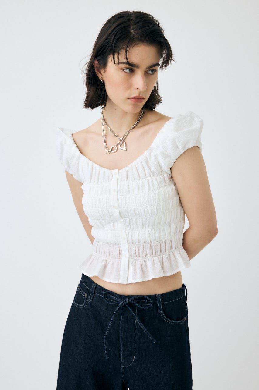 MOUSSY「OPEN NECK GATHER ブラウス」|シャツ・ブラウス|WHT