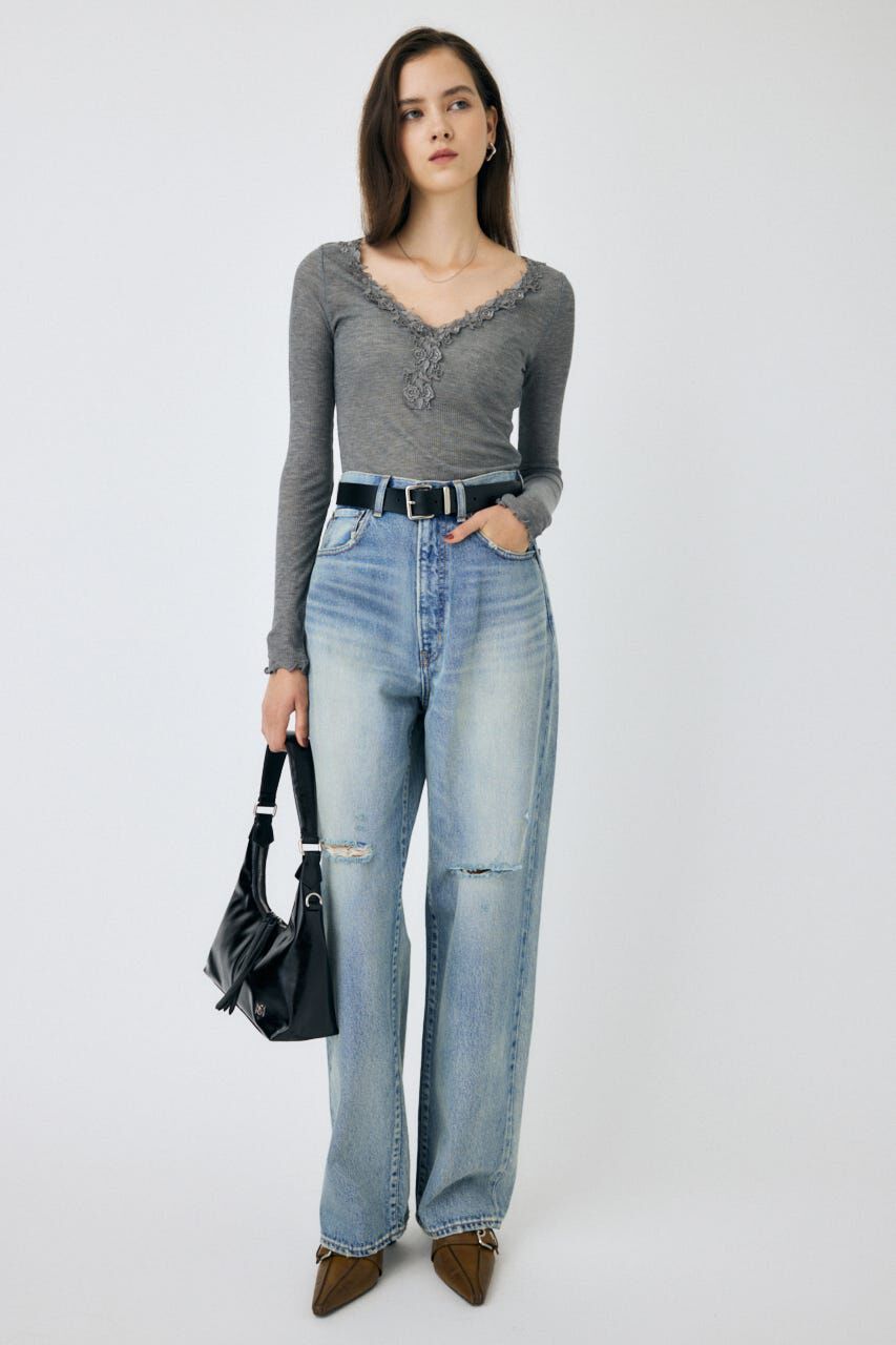 MOUSSY「LACE TRIM ロングスリーブ TEE」|Tシャツ・カットソー|