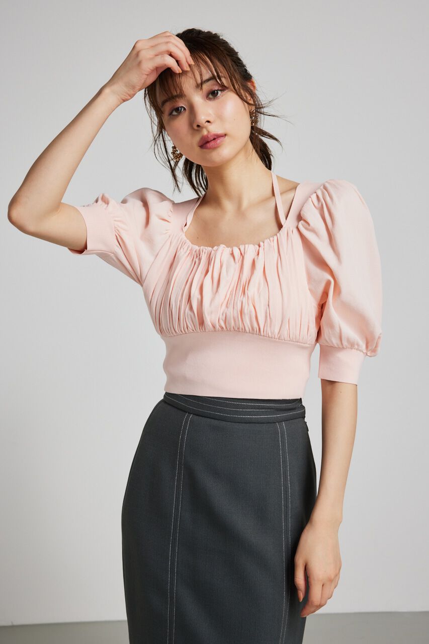 rienda「バストギャザークロップハーフSLV Knit TOP」|ニット・セーター|