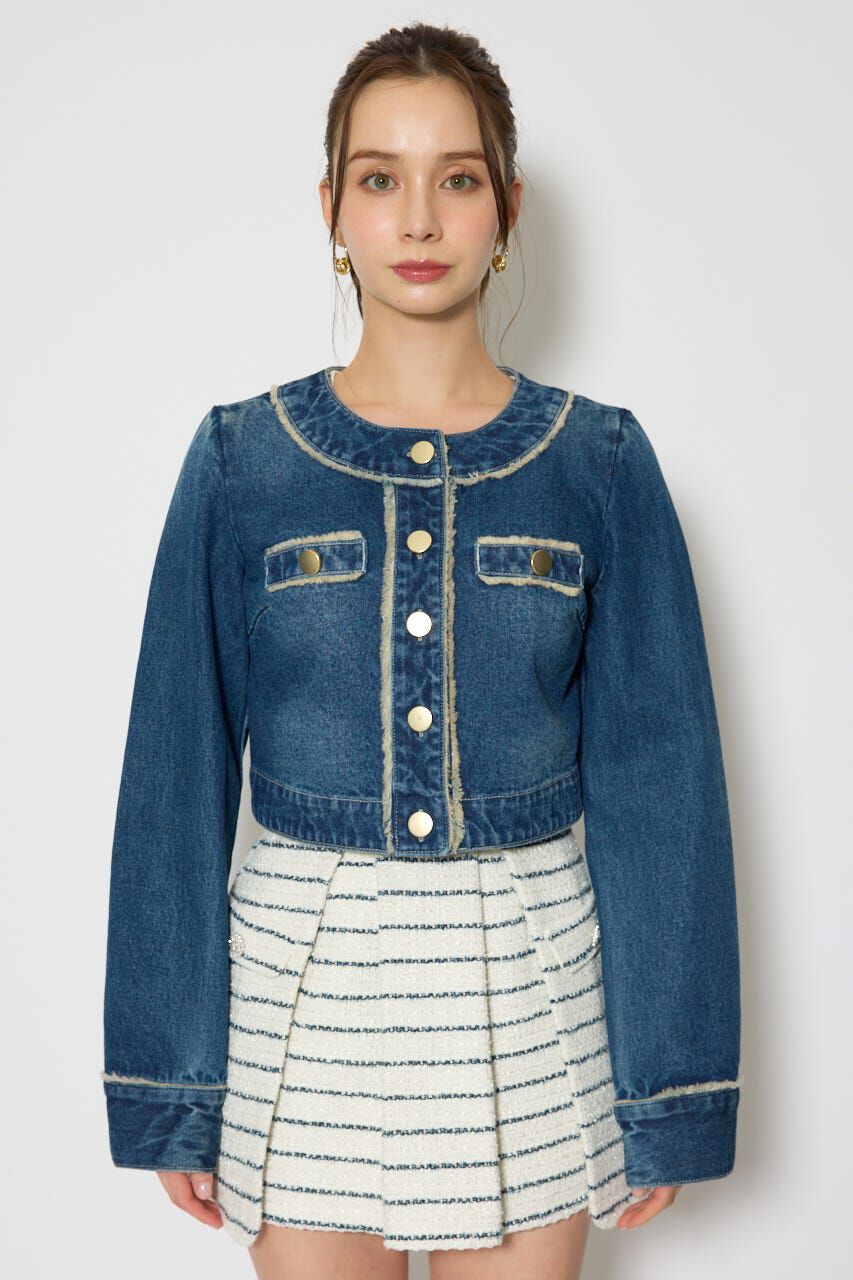 rienda「ノーカラーフリンジデニムジャケット」|デニムジャケット|