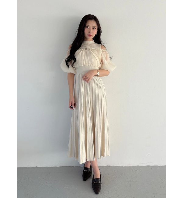 MERCURYDUO「異素材ドッキングプリーツフレアニットワンピース」|ワンピース|