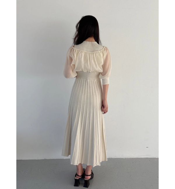 MERCURYDUO「異素材ドッキングプリーツフレアニットワンピース」|ワンピース|