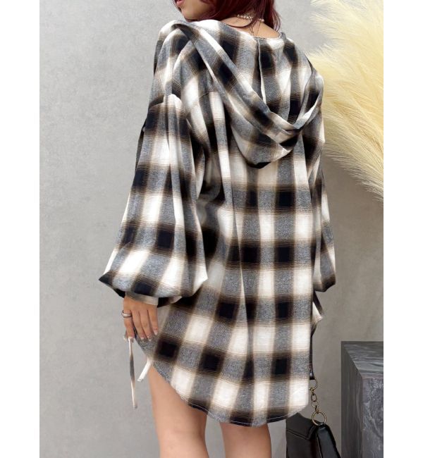 EVRIS「フードチェックオーバーサイズシャツ【セットアップ着用可能】」|シャツ・ブラウス|ブラック