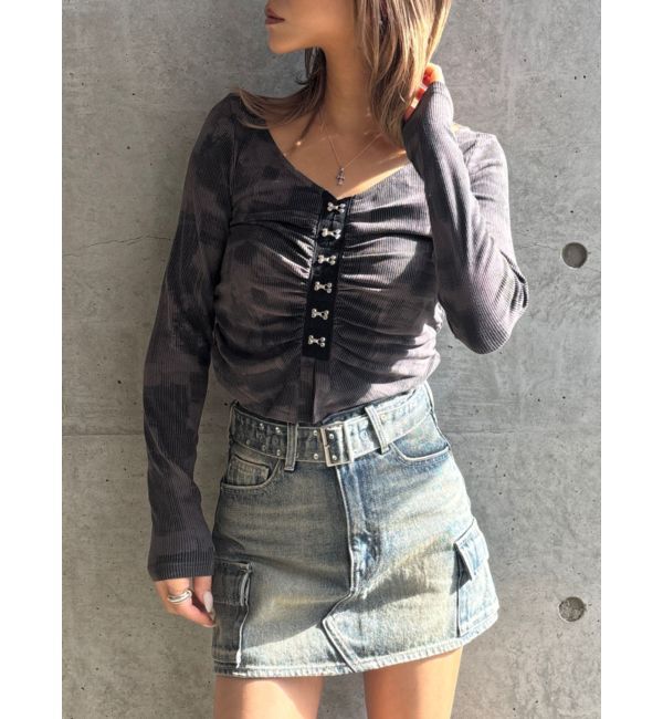 GYDA「【TINY】HOOK ME UPギャザーショートトップス」|Tシャツ・カットソー|チャコールグレー