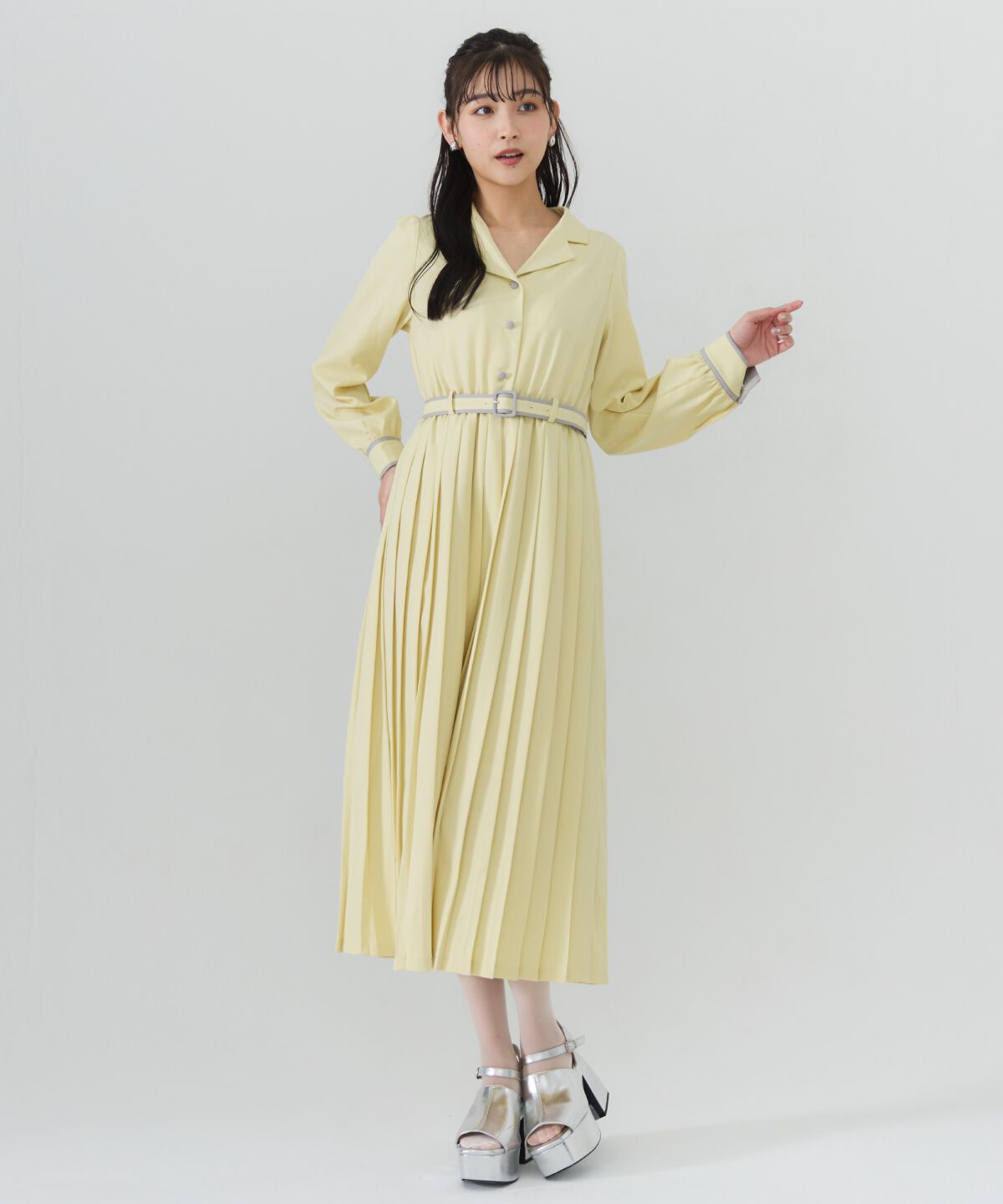 REDYAZEL「バイカラープリーツシャツワンピース」|ワンピース|イエロー