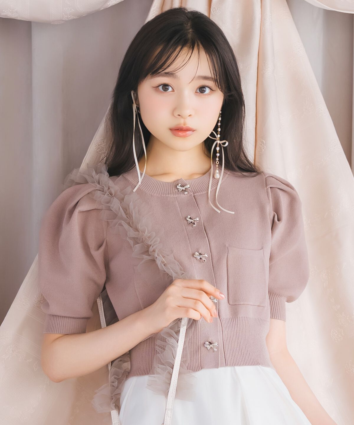 WILLSELECTION「ビジューリボンタックスリーブカーディガン」|カーディガン|