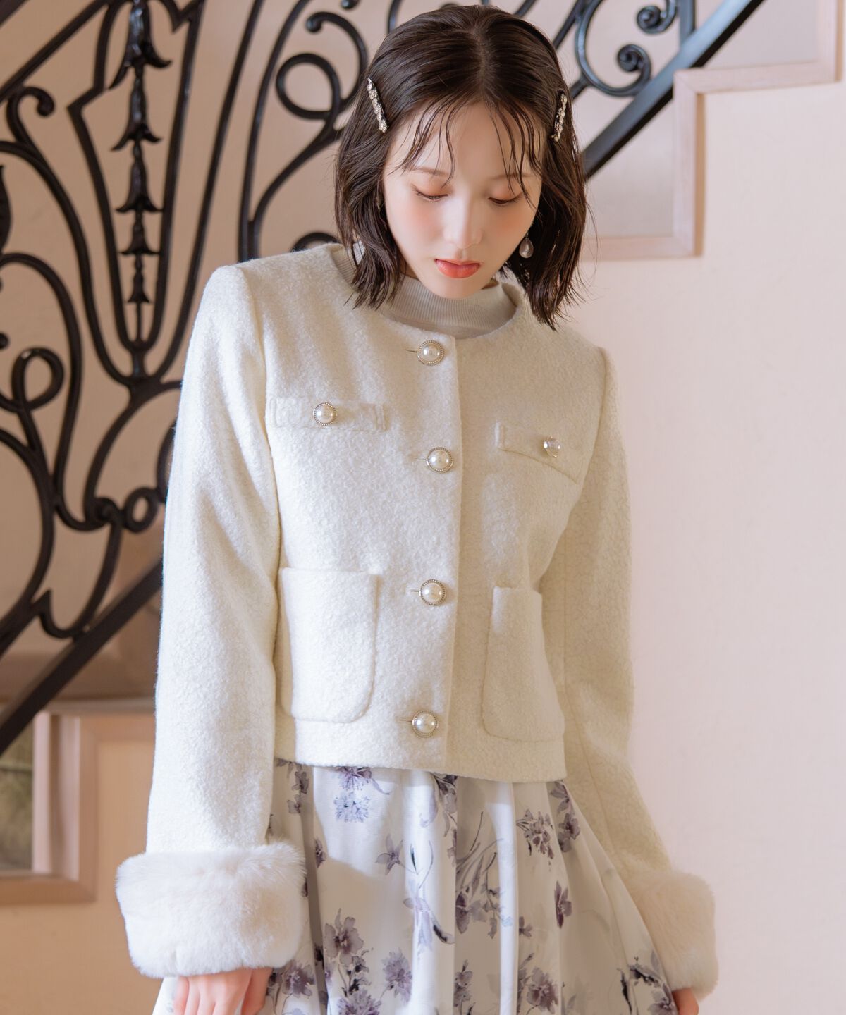 WILLSELECTION「ノーカラーブークレショートコート」|ノーカラーコート|