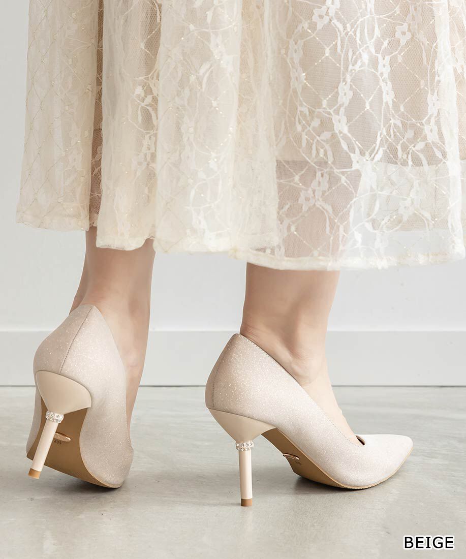  「ビジューヒール グリッターパンプス」|パンプス|ベージュ