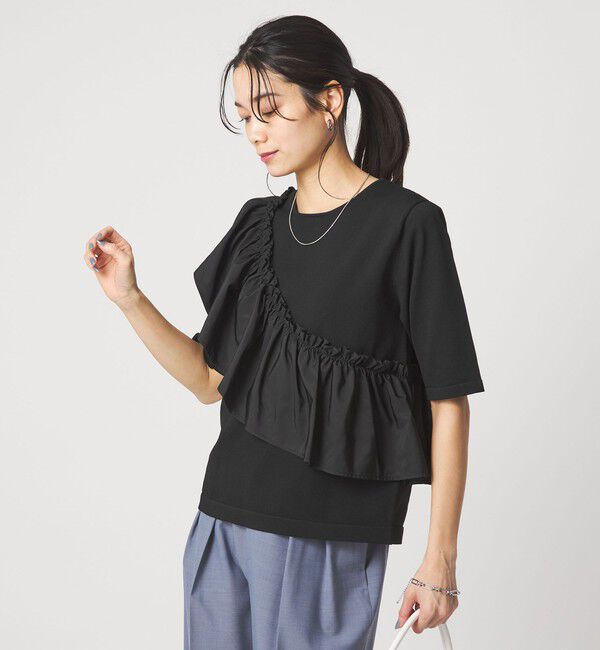 UNITED ARROWS green label relaxing「フリル ドッキング 5分袖 ニット プルオーバー ウォッシャブル」|ニット・セーター|