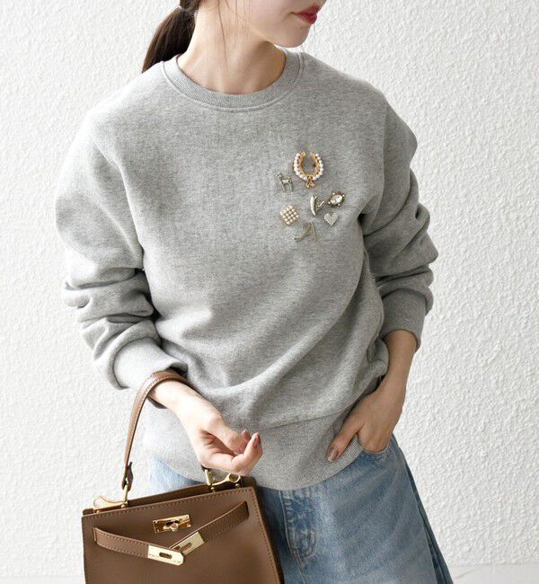 SHIPS any「【WEB限定】SHIPS any:〈手洗い可能〉裏起毛 ビジュー クルーネック コンパクト プルオーバー」|スウェット・ジャージ|