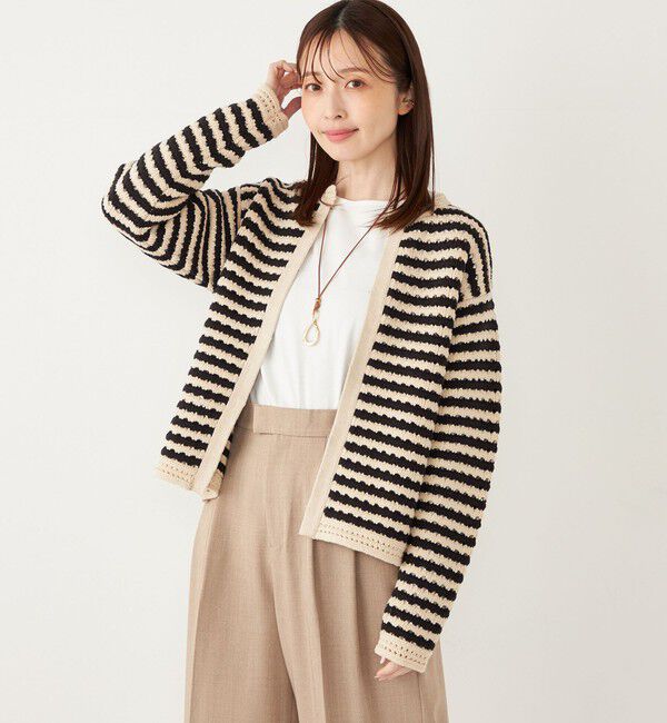 SHIPS Colors 「SHIPS Colors:〈手洗い可能〉柄編み ノーカラー ニット ジャケット」|カーディガン|