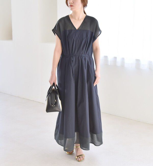 quaranciel「quaranciel :〈洗濯機可能〉シアー ドッキング Vネック フレンチスリーブ ワンピース」|ワンピース|