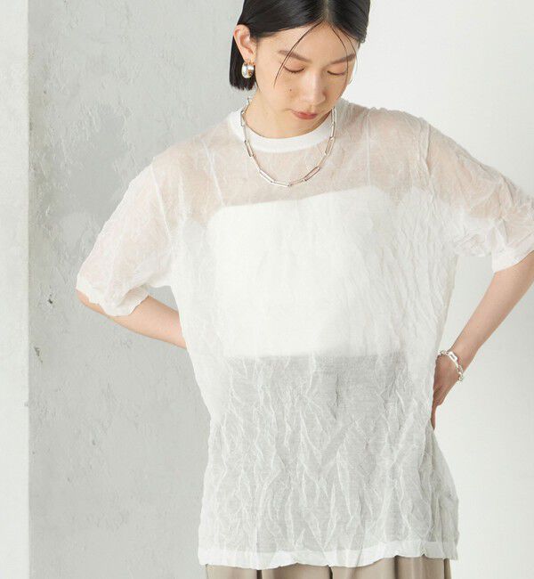 SHIPS for women「《予約》Wai＋:〈手洗い可能〉クリンクル シアー ショート スリーブ プルオーバー」|ニット・セーター|ホワイト