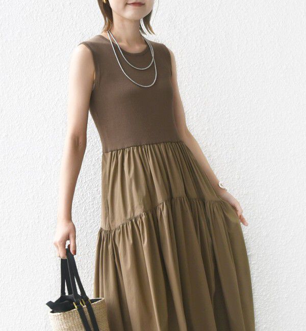 SHIPS for women「〈手洗い可能〉コットン リブ ノースリーブ &times; 布帛 スカート ワンピース」|ワンピース|