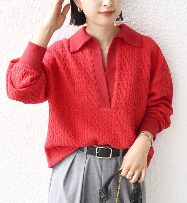 SHIPS for women「【WEB限定】〈手洗い可能〉ケーブル ジャージー ポロ プルオーバー」|Tシャツ・カットソー|レッド