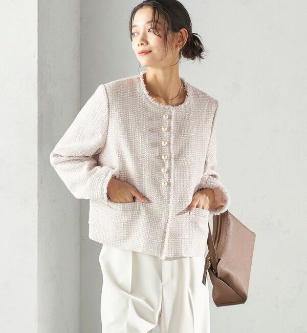 SHIPS for women「トライスピン 杢 ツイード パール モチーフ ボタン ジャケット（セレモニー対応可）」|ノーカラージャケット|