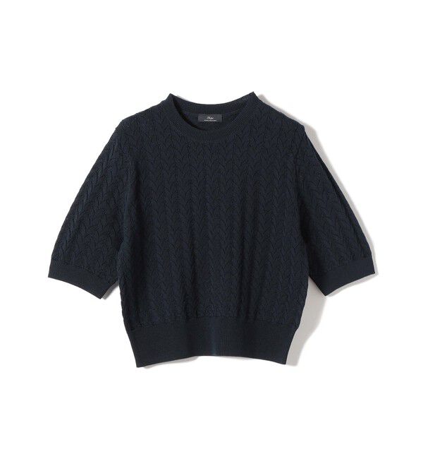 SHIPS for women「SHIPS Primary Navy Label:〈手洗い可能〉柄編み 5分袖 プルオーバー」|ニット・セーター|ネイビー