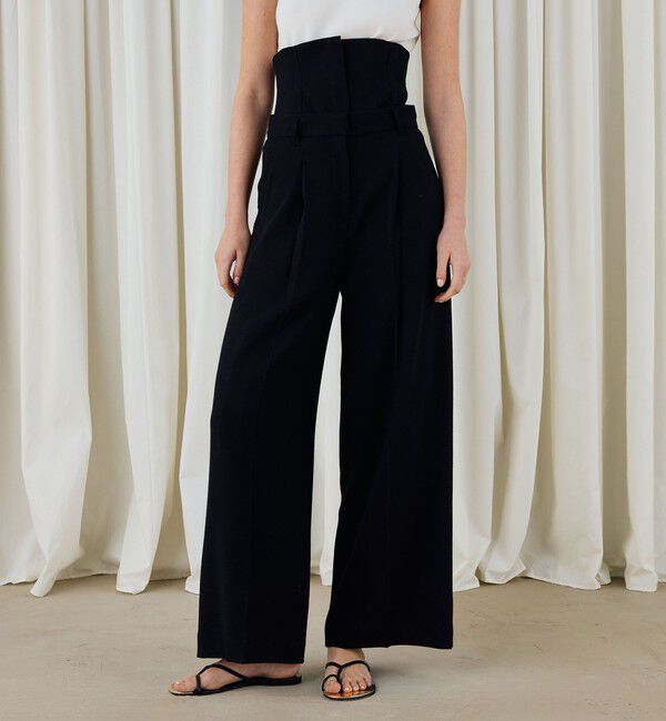 DES PRES「ウールジョーゼット コルセット付きタックワイドパンツ」|スラックス|