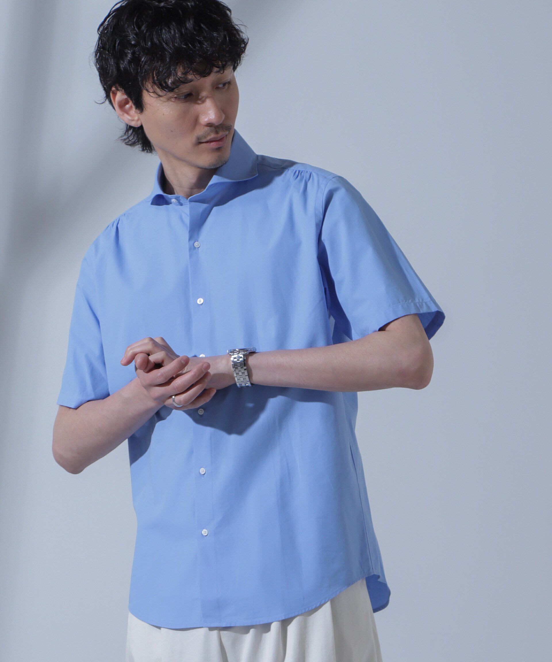 nano･universe「「N SHIRTS」AntiSoaked(R)汗染み防止ホリゾンタルカラーシャツ半袖」|シャツ・ブラウス|