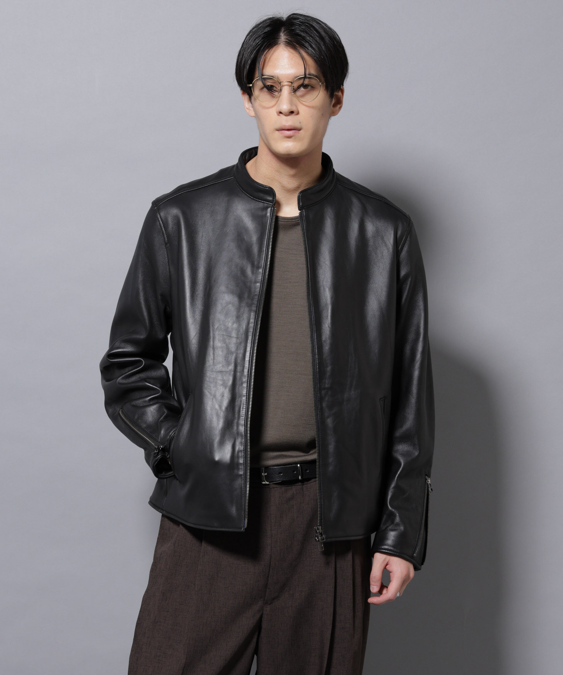 nano･universe「バンドカラーレザーシングルライダースジャケット」|ライダースジャケット|