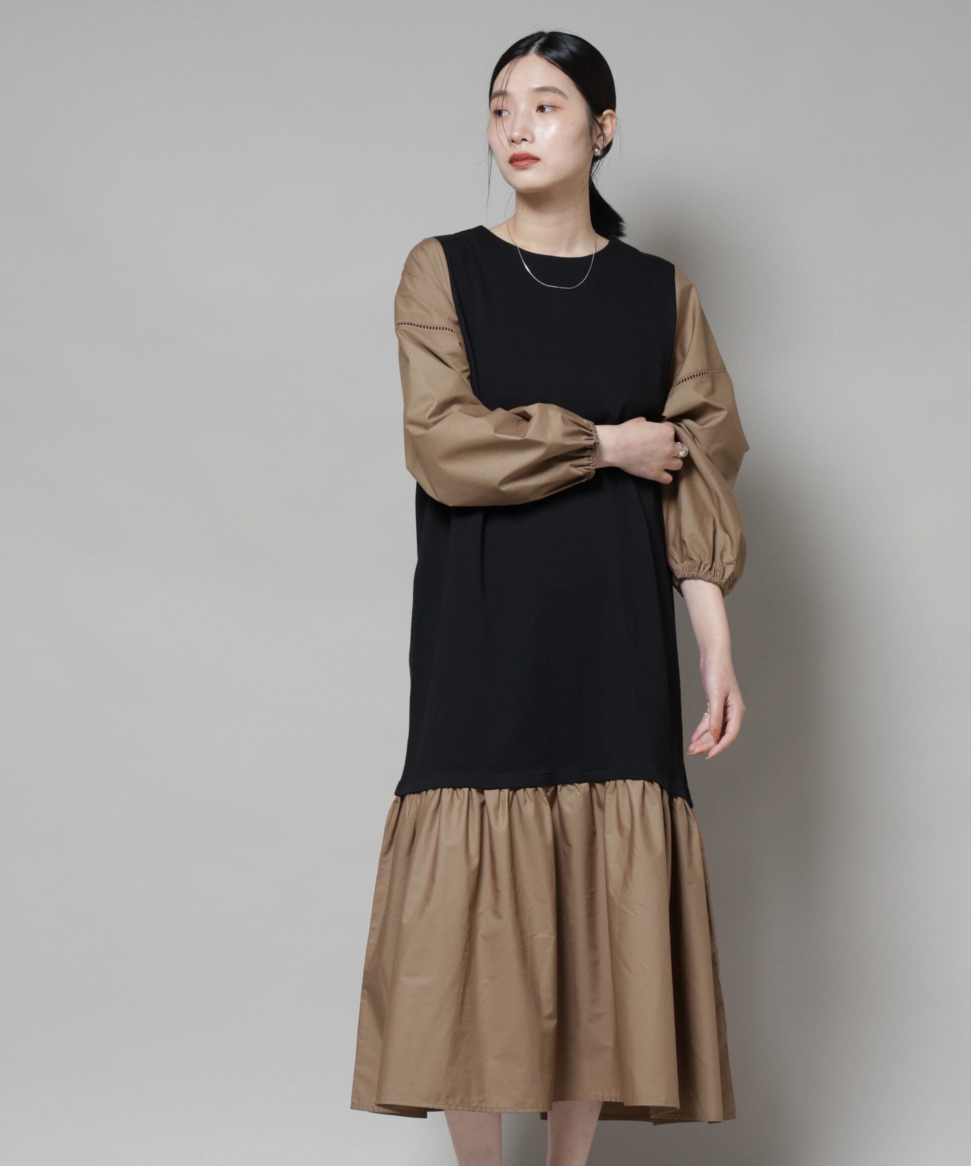 nano･universe「ハシゴレーススリーブ異素材コンビワンピース」|ワンピース|