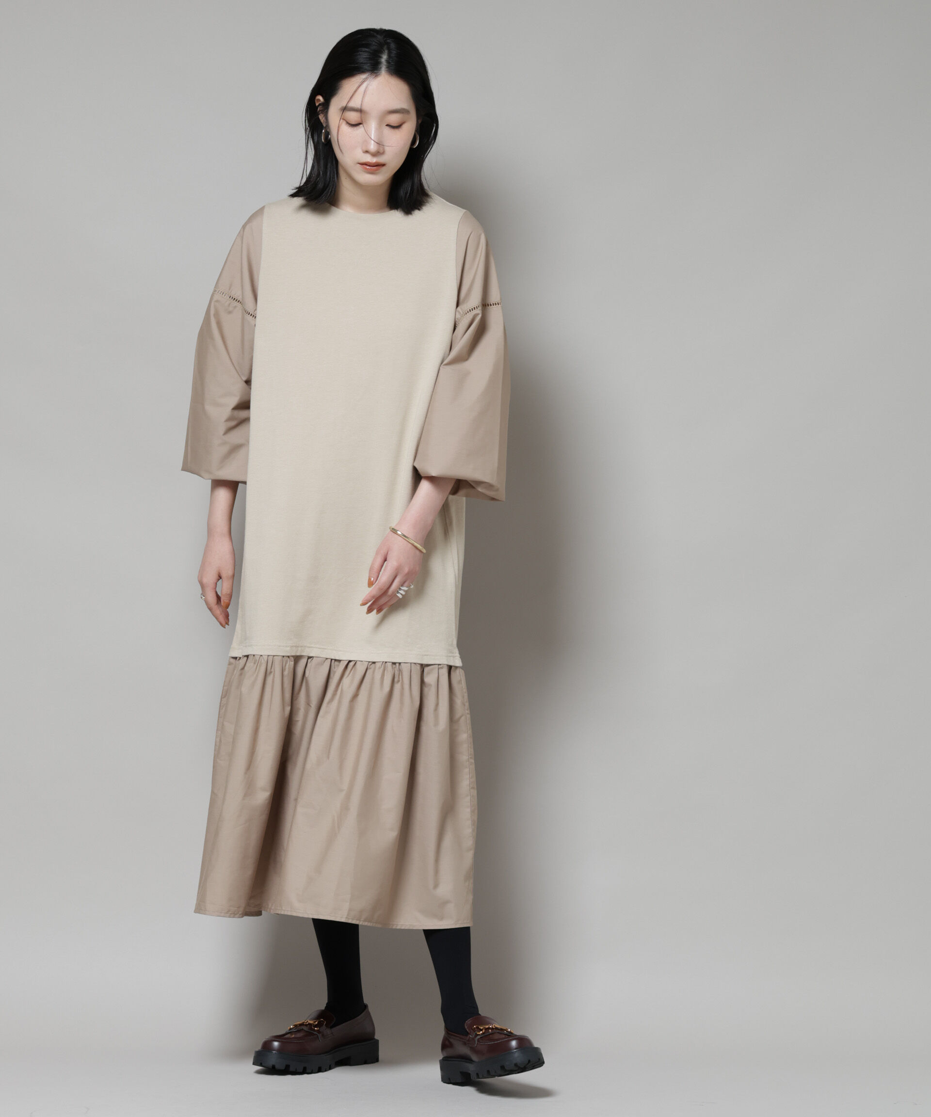 nano･universe「ハシゴレーススリーブ異素材コンビワンピース」|ワンピース|