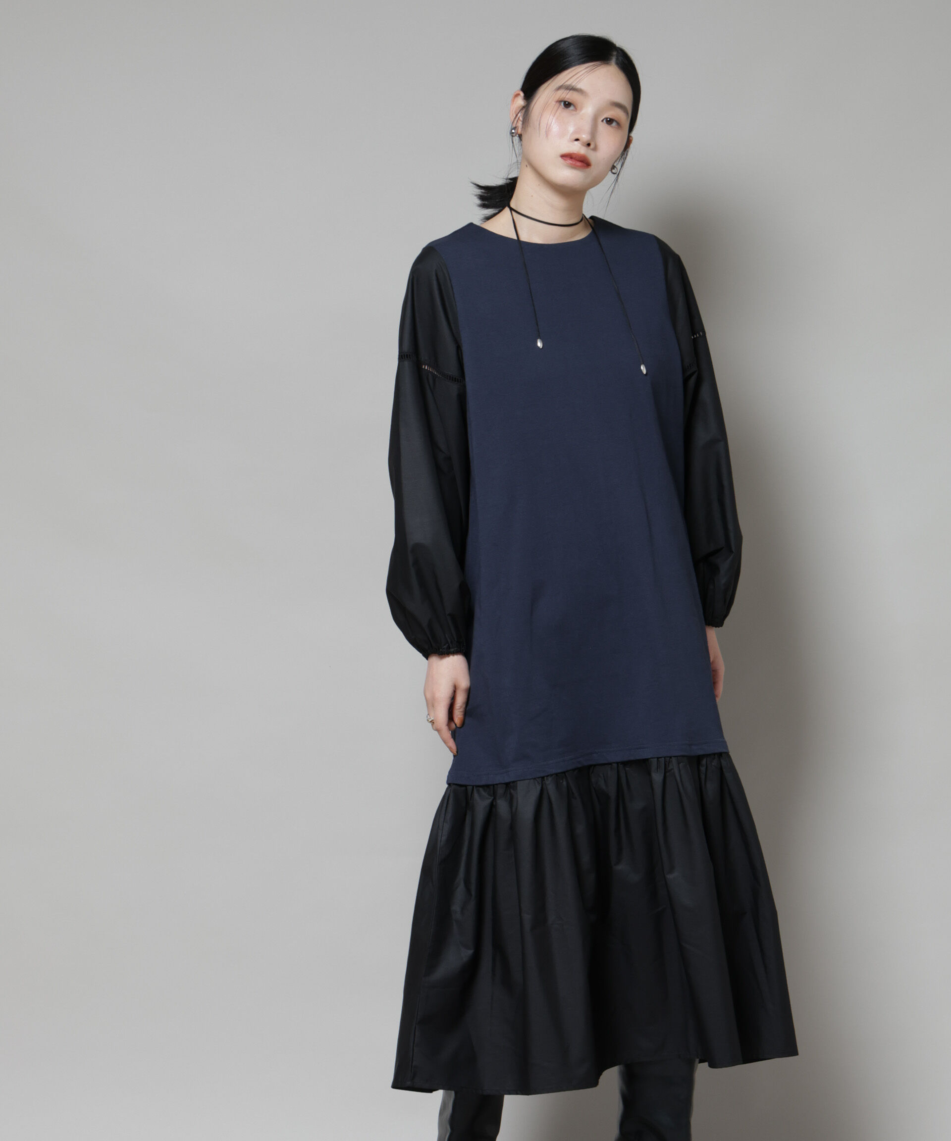 nano･universe「ハシゴレーススリーブ異素材コンビワンピース」|ワンピース|