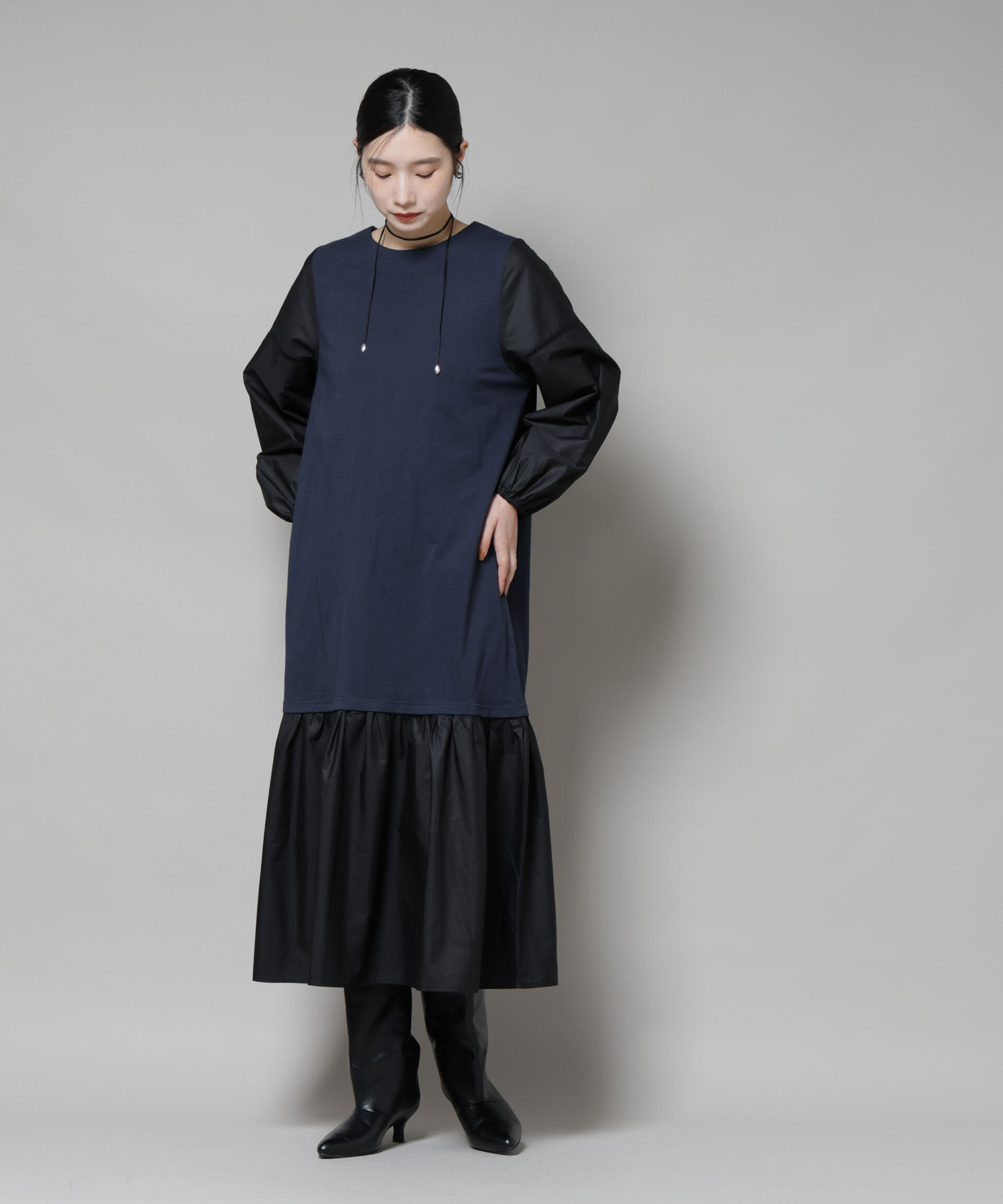 nano･universe「ハシゴレーススリーブ異素材コンビワンピース」|ワンピース|