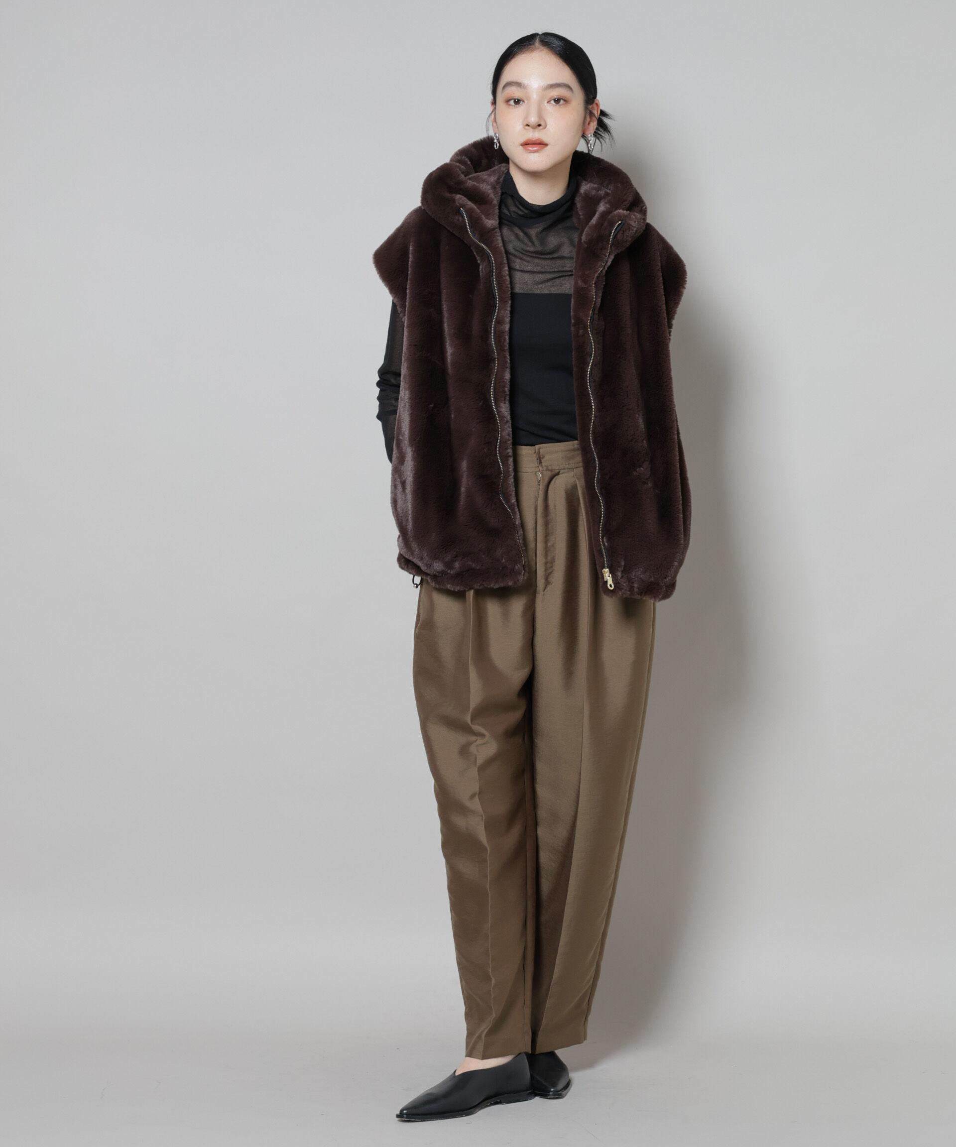 nano･universe「フェイクファーフードベスト」|テーラードジャケット|