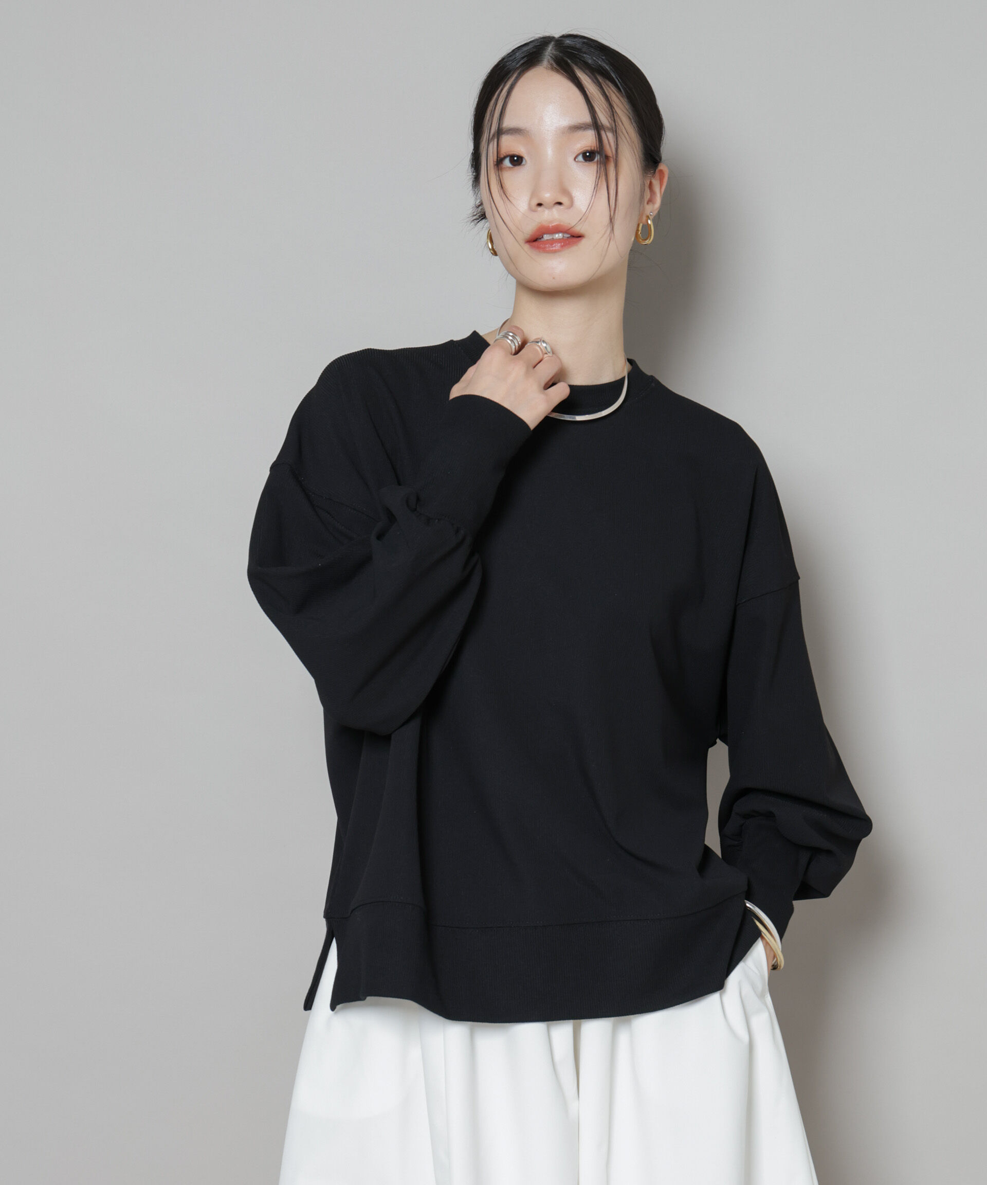 nano･universe「サカリバカットワイドクルーネックトップス(セットアップ可)」|Tシャツ・カットソー|ブラック