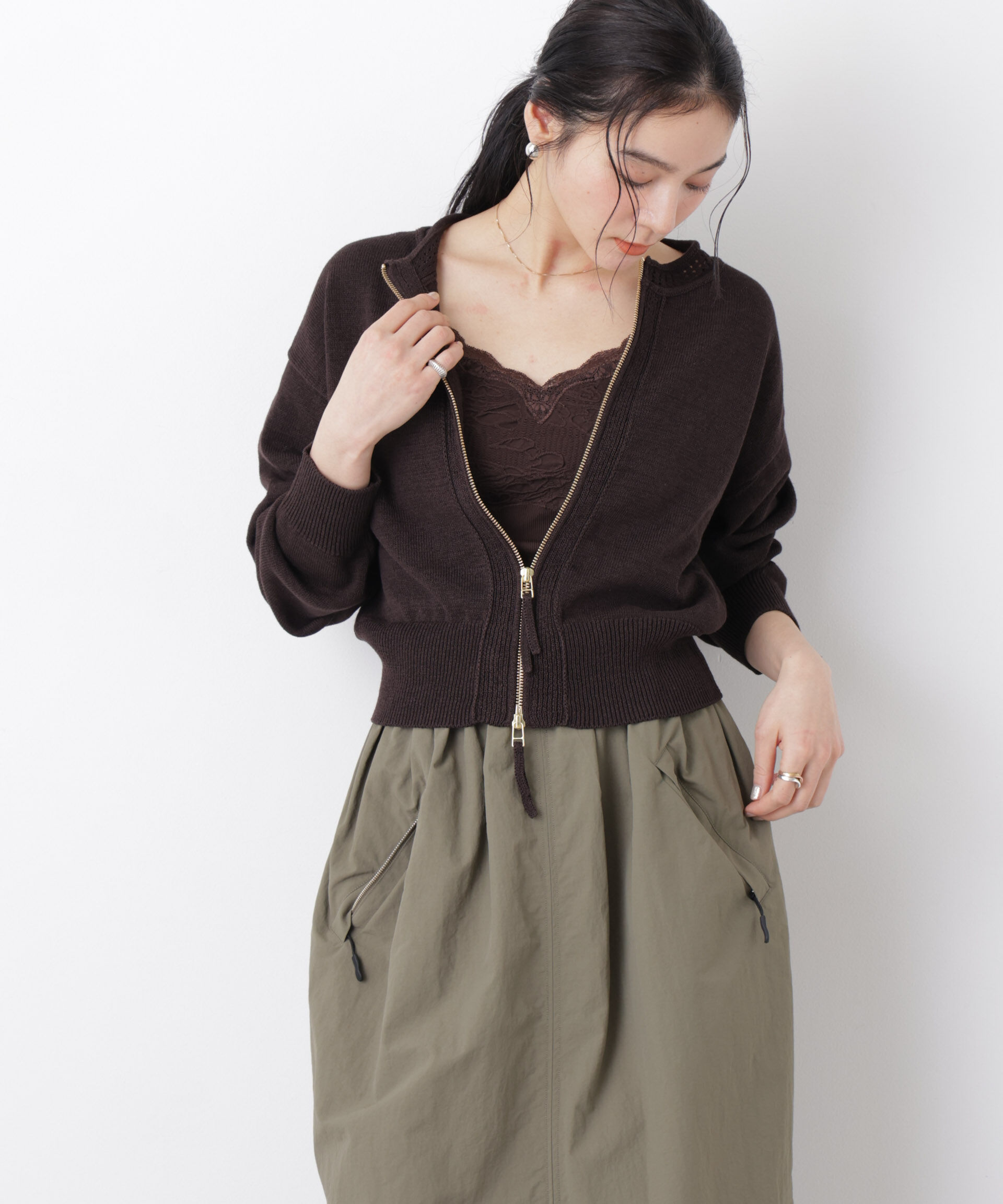 nano･universe「リネン混テープヤーンジップニットカーディガン」|ニット・セーター|