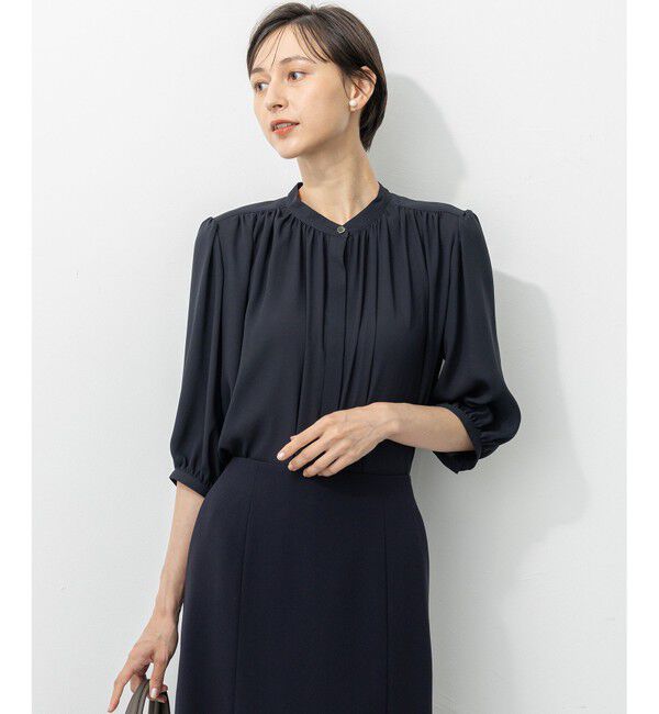 23区「ライトバックサテンアムンゼン ギャザーブラウス」|シャツ・ブラウス|ネイビー系