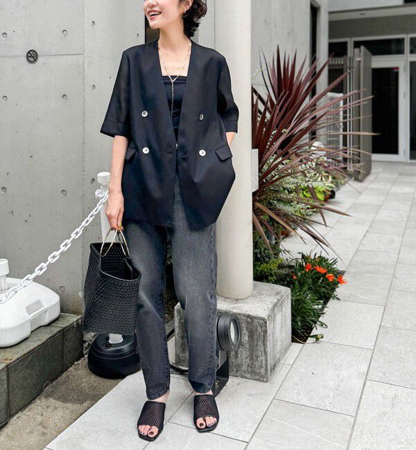 NOLLEY'S「ウォッシャブルリネン風シアー5分袖ジャケット」|ノーカラージャケット|