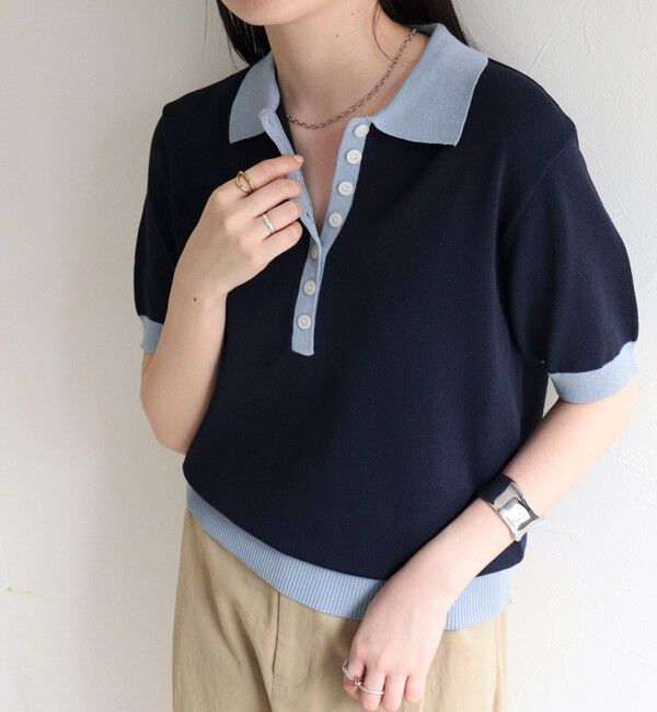 fredy emue「【接触冷感】配色ポロ衿半袖ニットプルオーバー」|ニット・セーター|