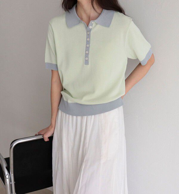 fredy emue「【接触冷感】配色ポロ衿半袖ニットプルオーバー」|ニット・セーター|
