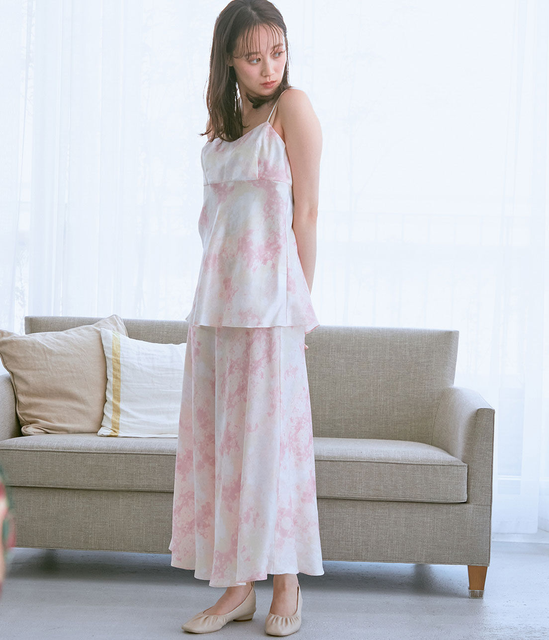 VIS「【コラーゲン加工】【ViSage】リサイクルサテンタイダイ柄バイヤススカート」|ルームウェア|