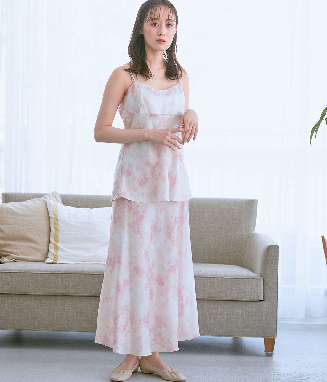 VIS「【コラーゲン加工】【ViSage】リサイクルサテンタイダイ柄バイヤススカート」|ルームウェア|