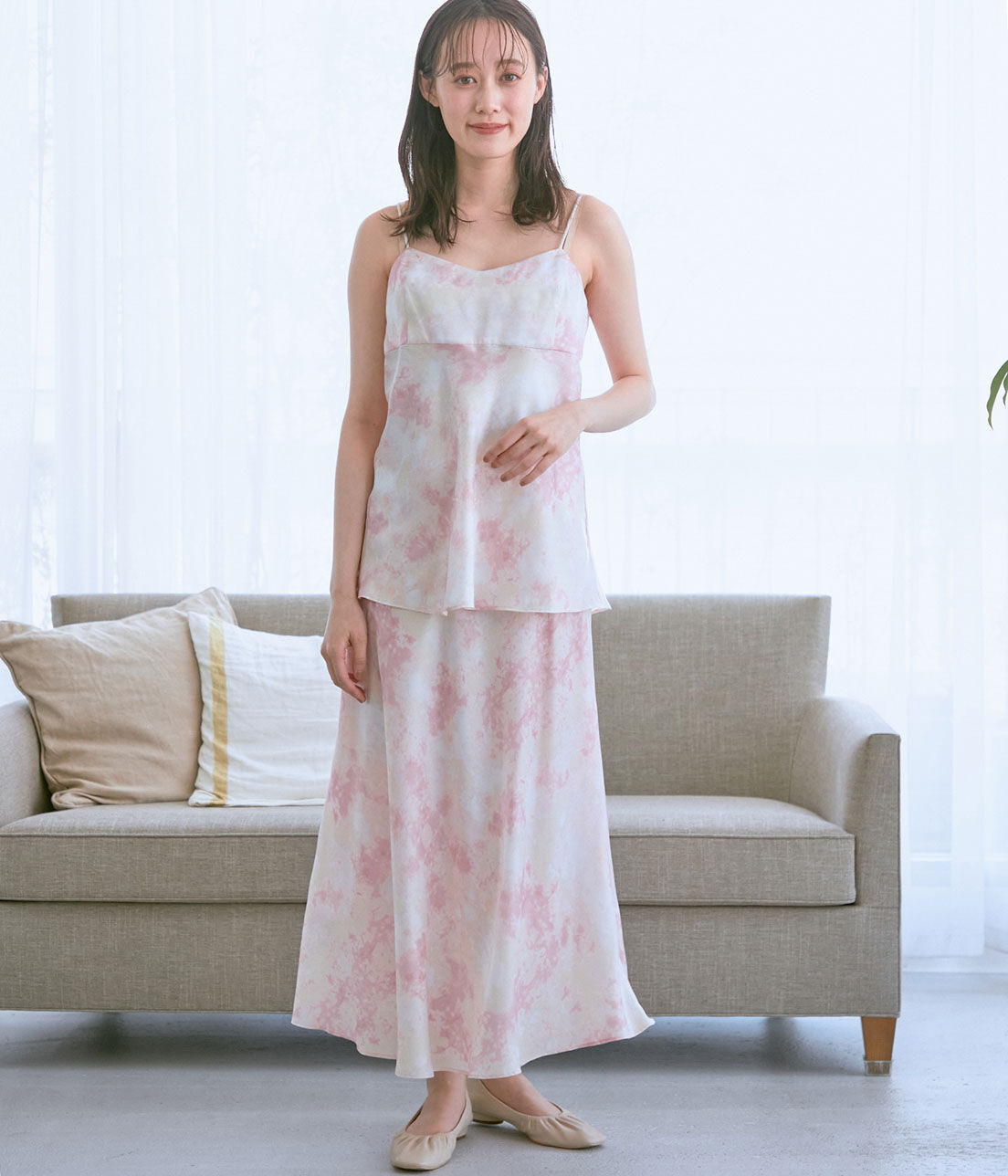 VIS「【コラーゲン加工】【ViSage】リサイクルサテンタイダイ柄バイヤススカート」|ルームウェア|