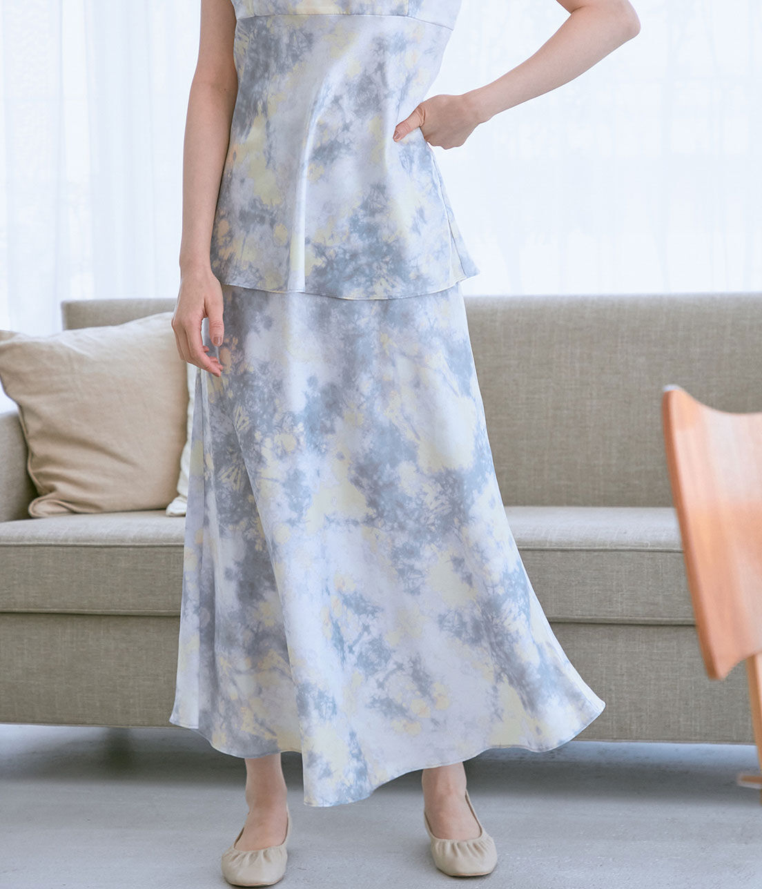VIS「【コラーゲン加工】【ViSage】リサイクルサテンタイダイ柄バイヤススカート」|ルームウェア|