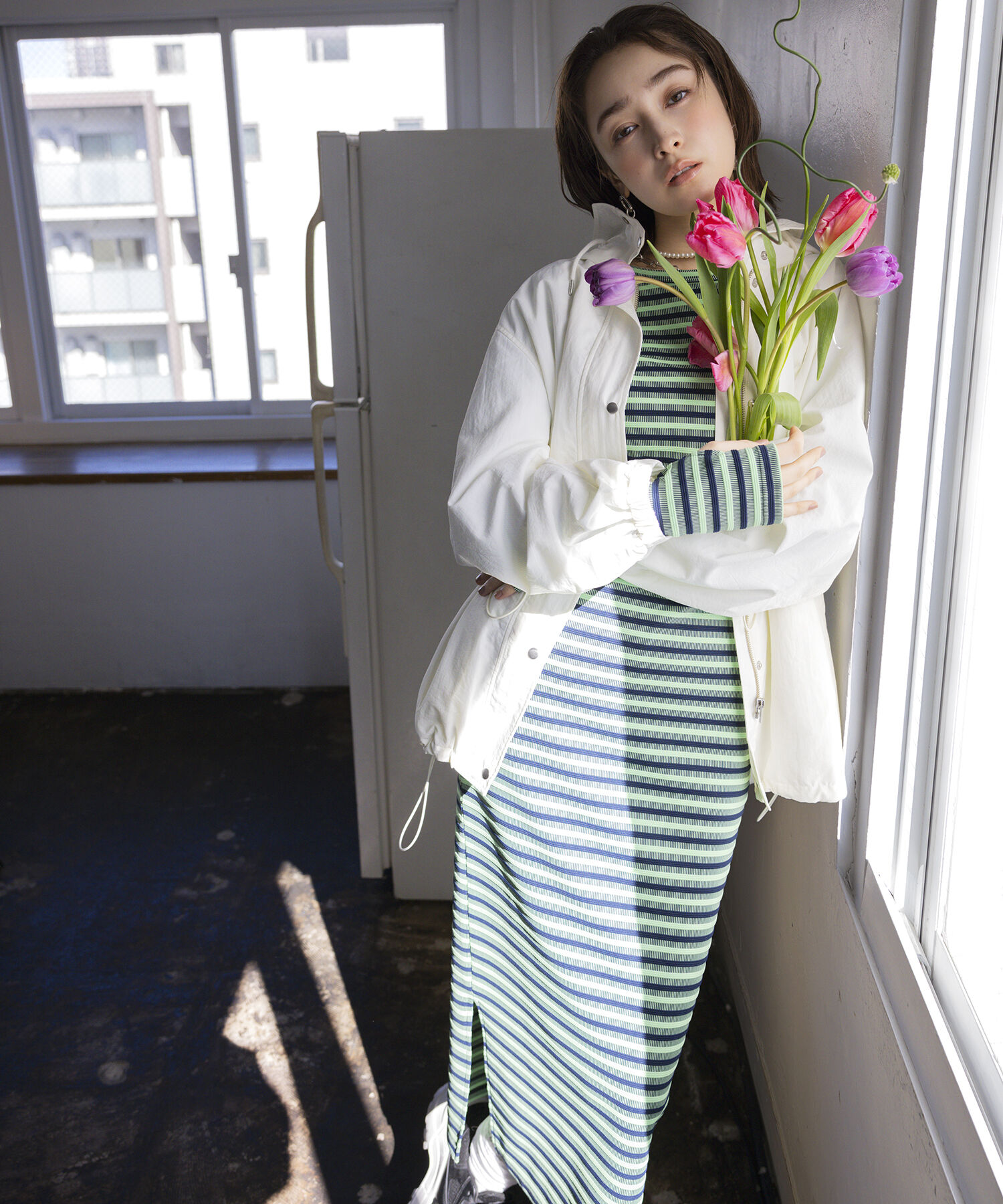 VIS「【STAYC/ISA着用】ジャガードマルチボーダーカットワンピース【洗える】」|ワンピース|グリーン系(35)